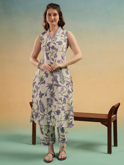White Blue Floral Print Cotton Kurta Pant Set