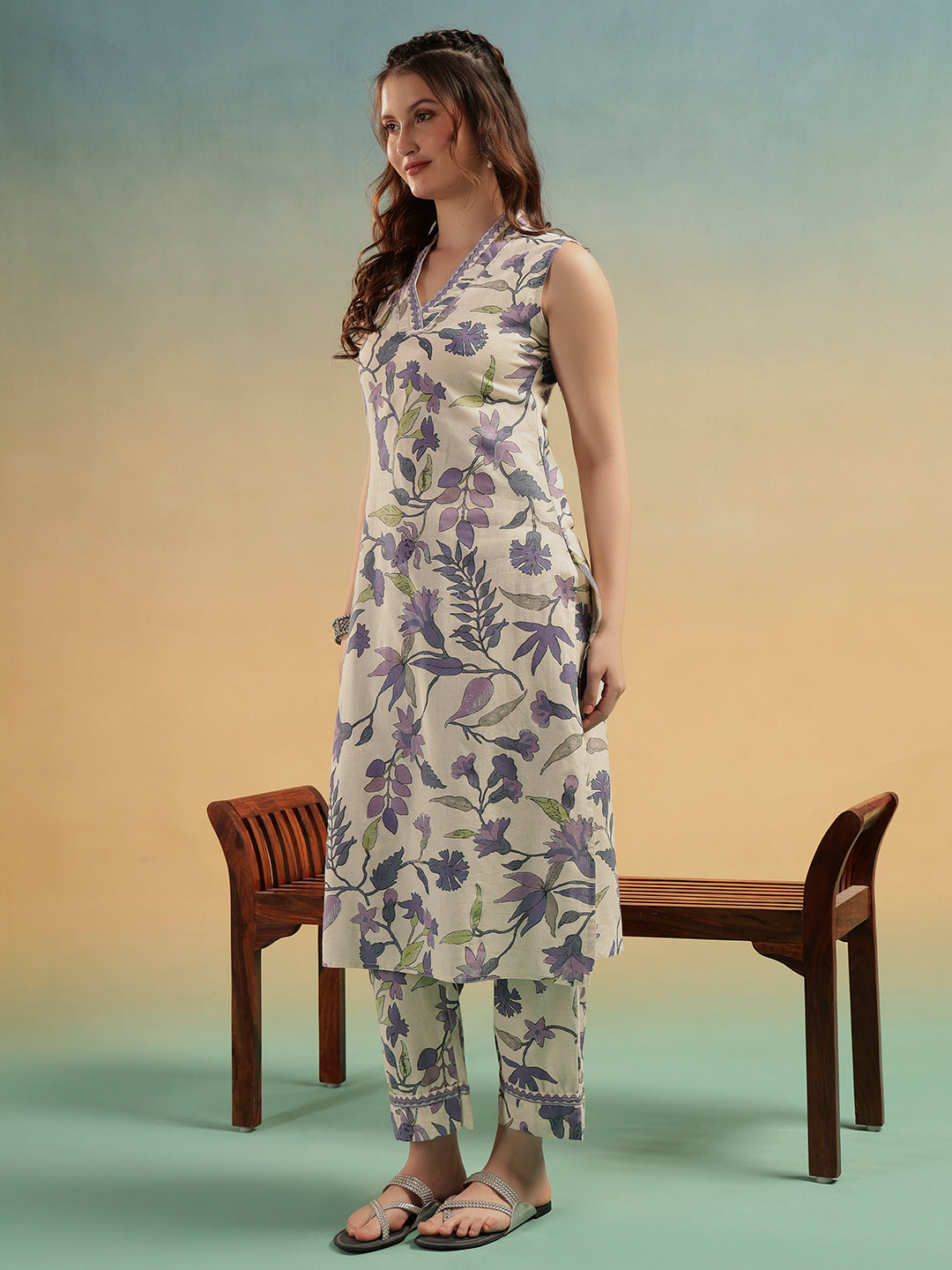 White Blue Floral Print Cotton Kurta Pant Set