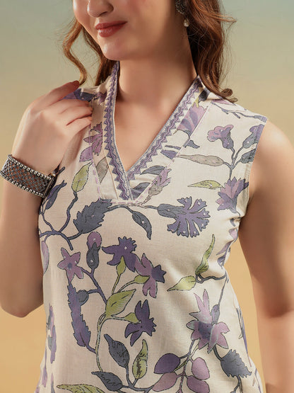 White Blue Floral Print Cotton Kurta Pant Set