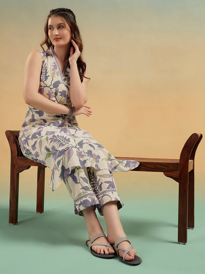 White Blue Floral Print Cotton Kurta Pant Set