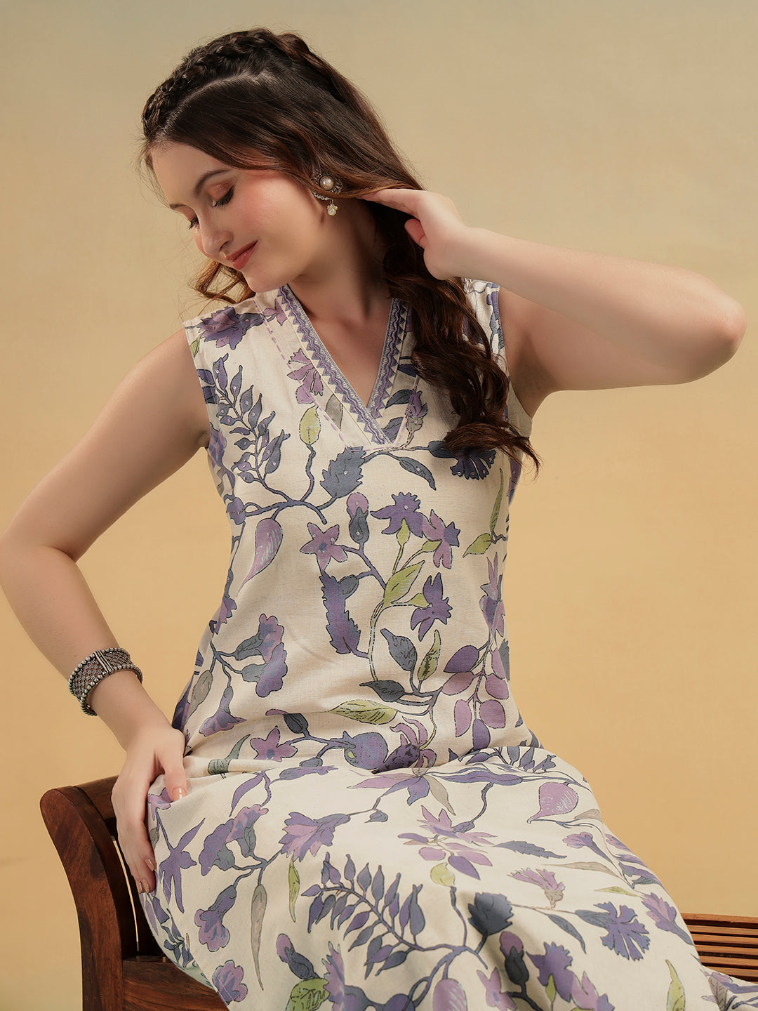 White Blue Floral Print Cotton Kurta Pant Set