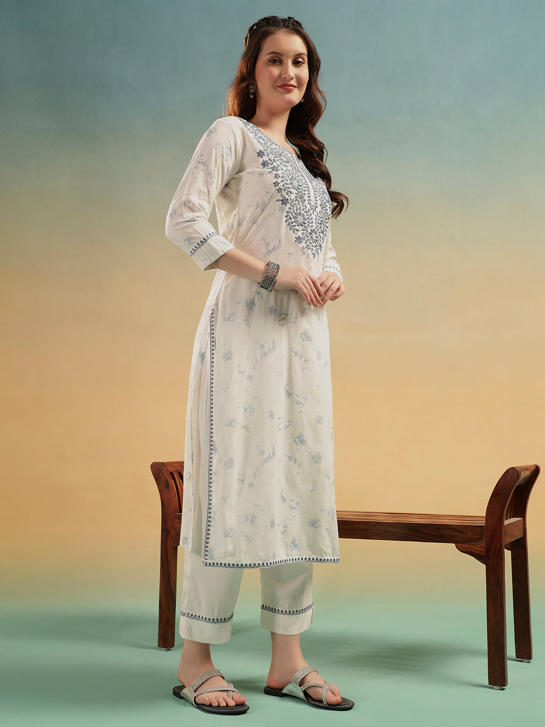 Aafreen Ivory Embroidered Cotton Straight Suit Set