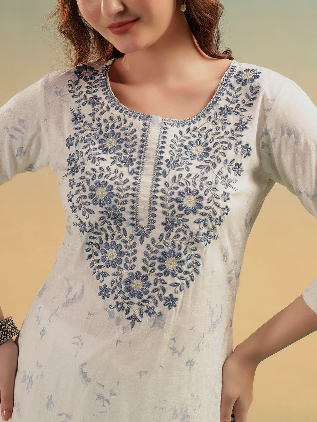 Aafreen Ivory Embroidered Cotton Straight Suit Set