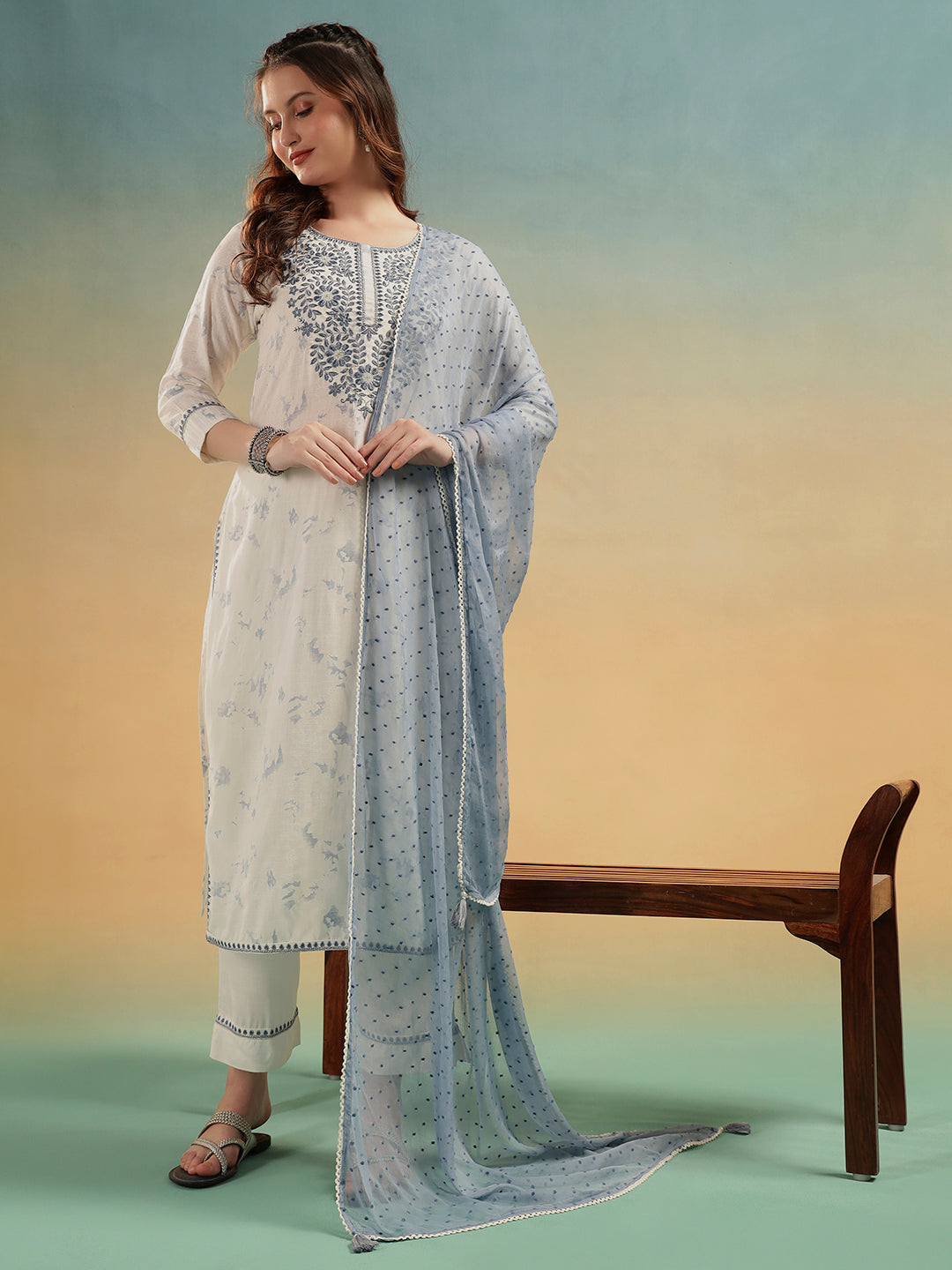 Aafreen Ivory Embroidered Cotton Straight Suit Set