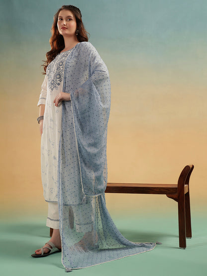 Aafreen Ivory Embroidered Cotton Straight Suit Set