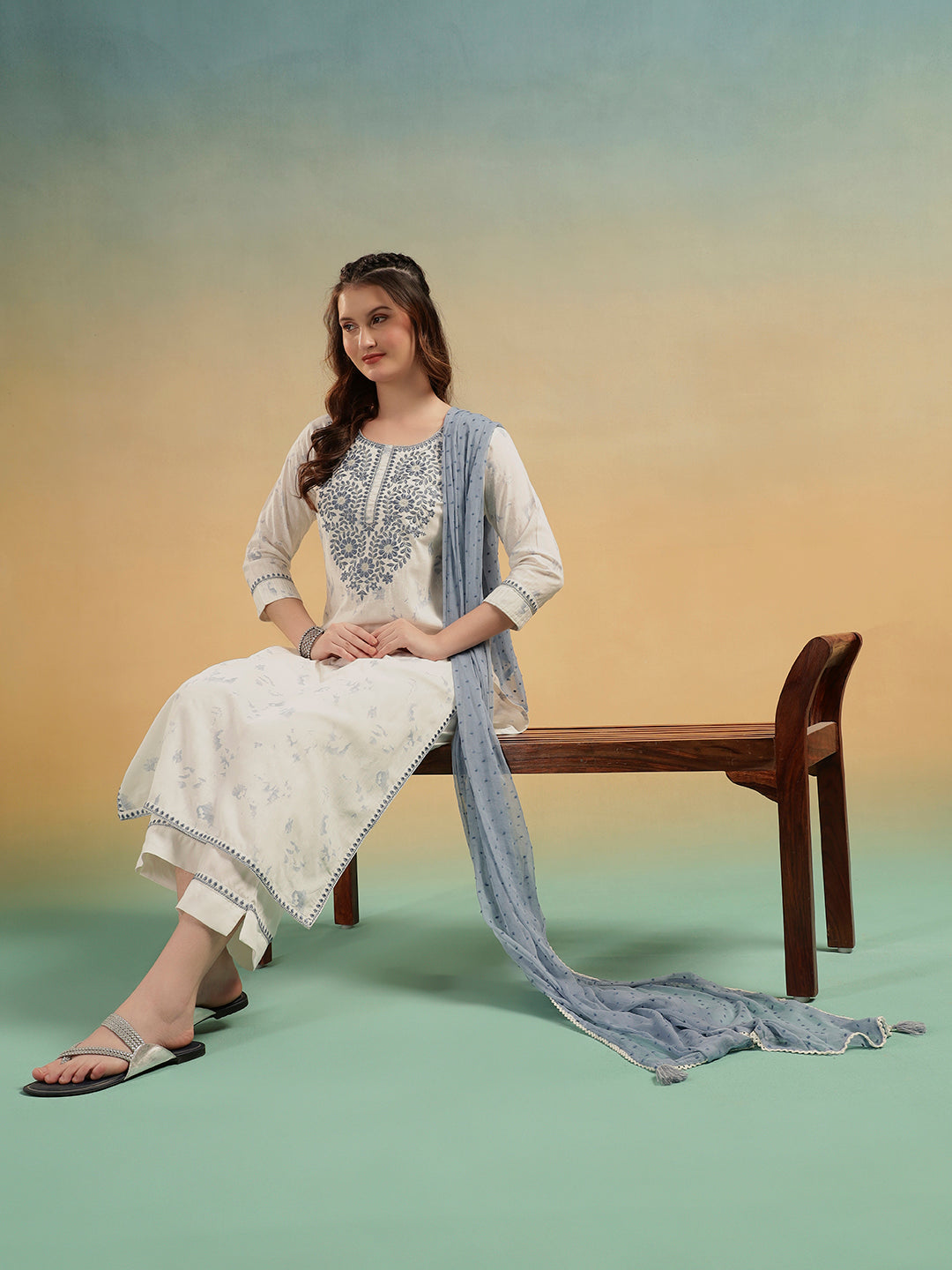 Aafreen Ivory Embroidered Cotton Straight Suit Set