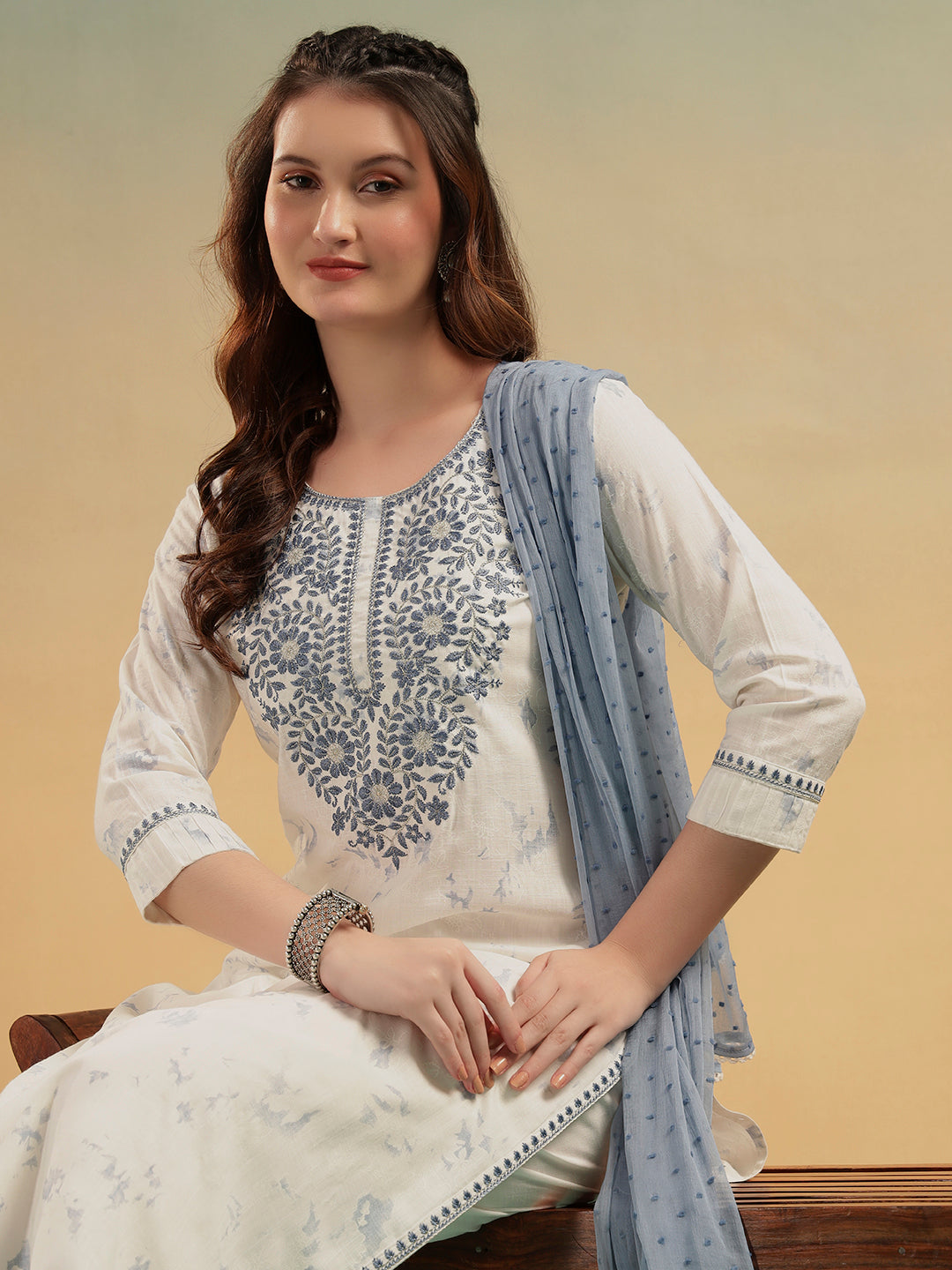Aafreen Ivory Embroidered Cotton Straight Suit Set