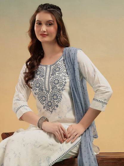 Aafreen Ivory Embroidered Cotton Straight Suit Set