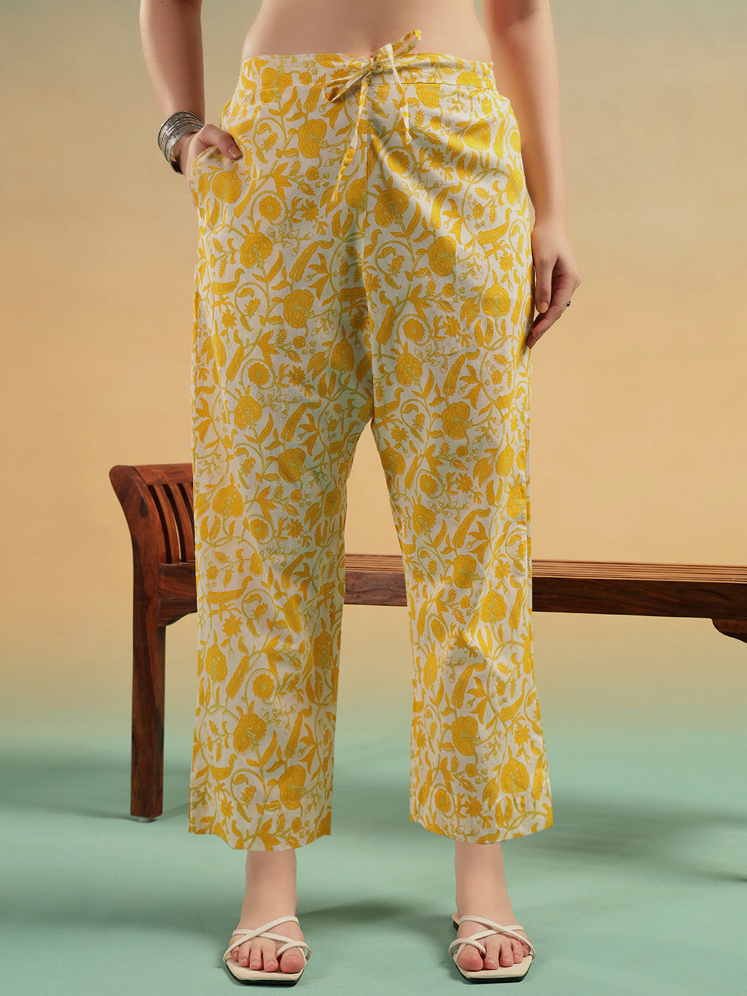 White Yellow Floral Print Cotton Kurta Pant Set