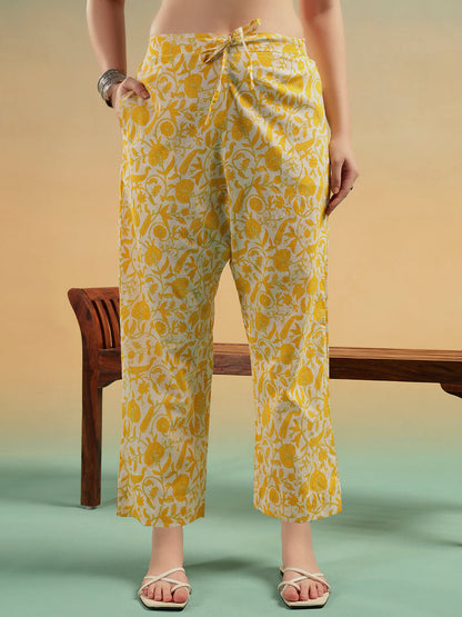 White Yellow Floral Print Cotton Kurta Pant Set