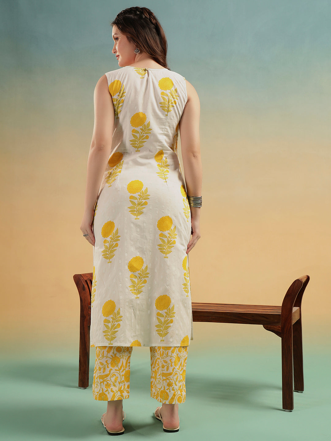 White Yellow Floral Print Cotton Kurta Pant Set
