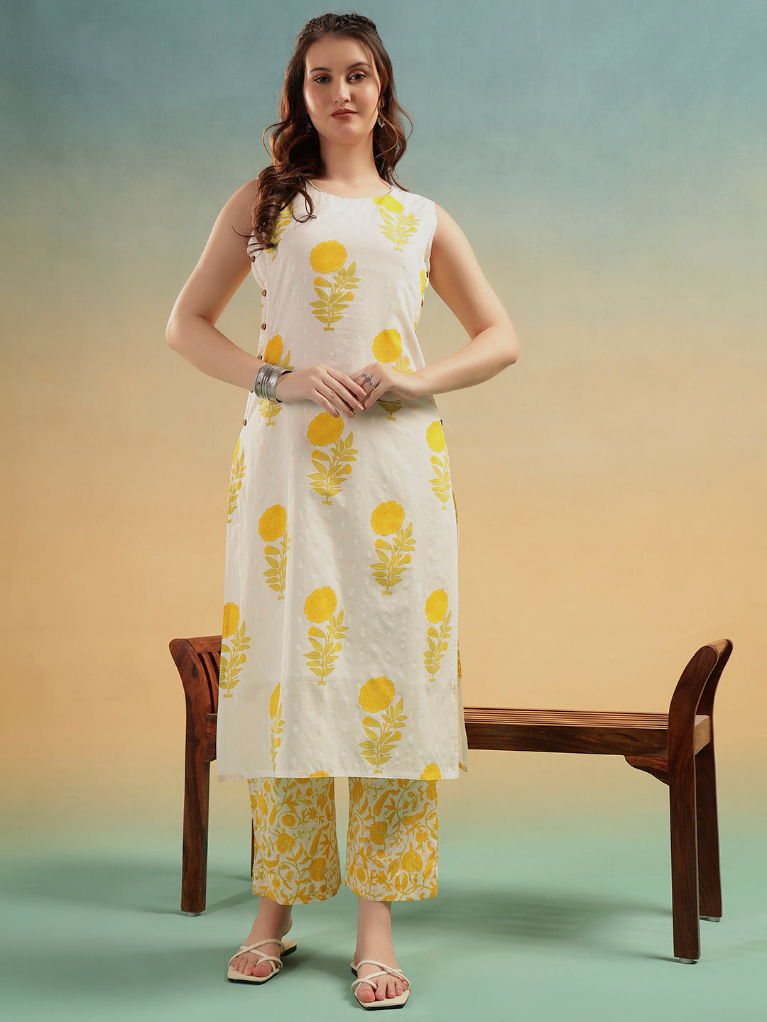 White Yellow Floral Print Cotton Kurta Pant Set