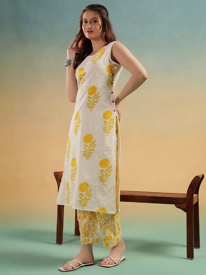 White Yellow Floral Print Cotton Kurta Pant Set