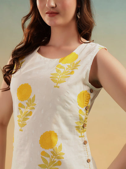 White Yellow Floral Print Cotton Kurta Pant Set