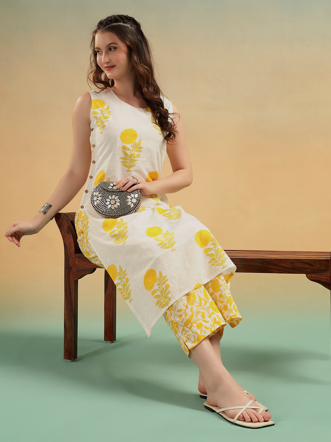 White Yellow Floral Print Cotton Kurta Pant Set
