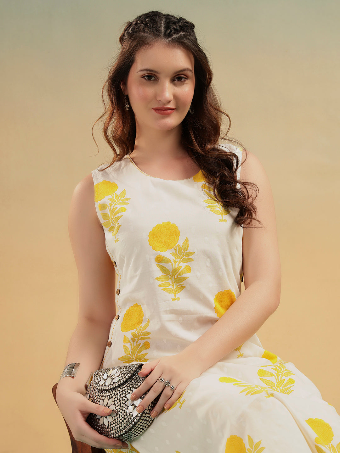 White Yellow Floral Print Cotton Kurta Pant Set