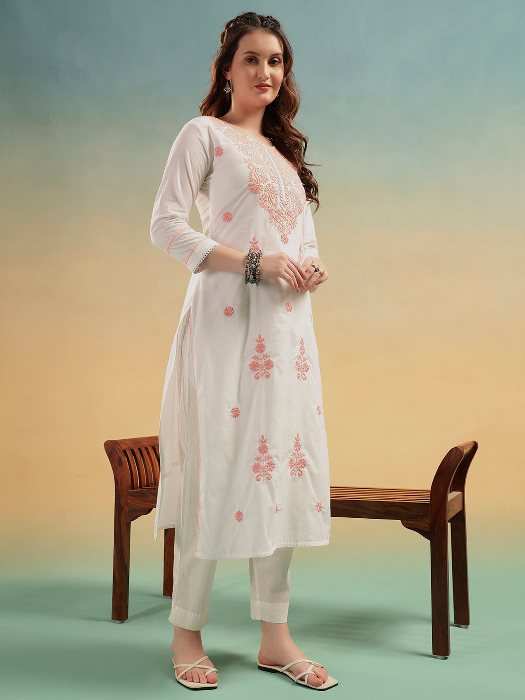 Ivory Lucknowi Embroidered Mulmul Cotton Kurta Pant Dupatta Set