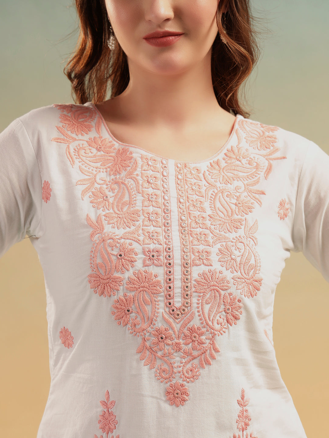 Ivory Lucknowi Embroidered Mulmul Cotton Kurta Pant Dupatta Set