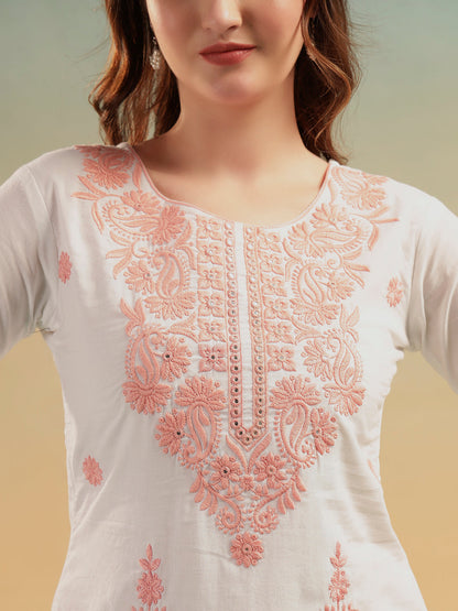 Ivory Lucknowi Embroidered Mulmul Cotton Kurta Pant Dupatta Set