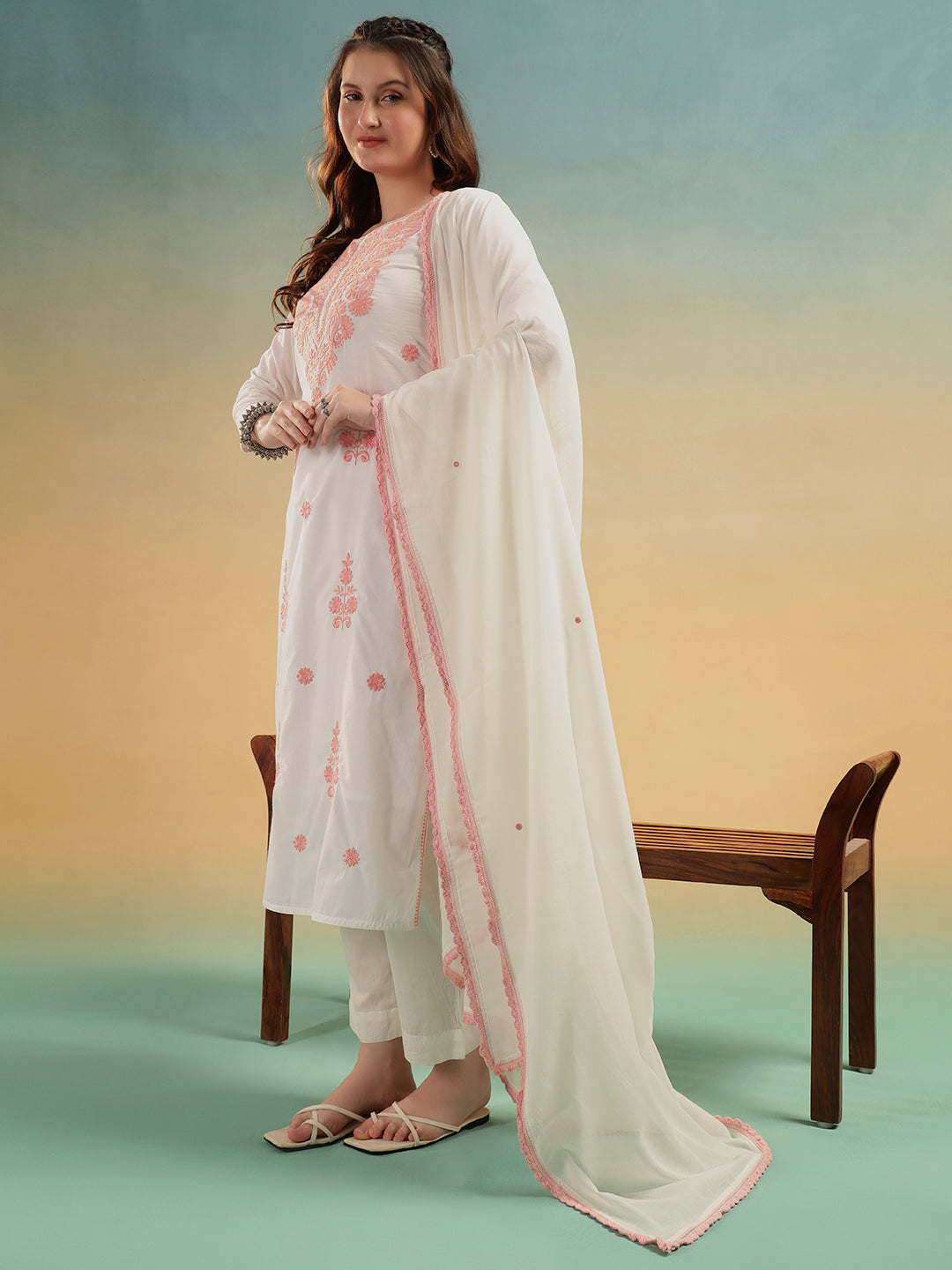 Ivory Lucknowi Embroidered Mulmul Cotton Kurta Pant Dupatta Set