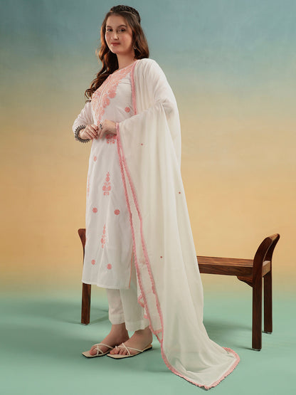Ivory Lucknowi Embroidered Mulmul Cotton Kurta Pant Dupatta Set