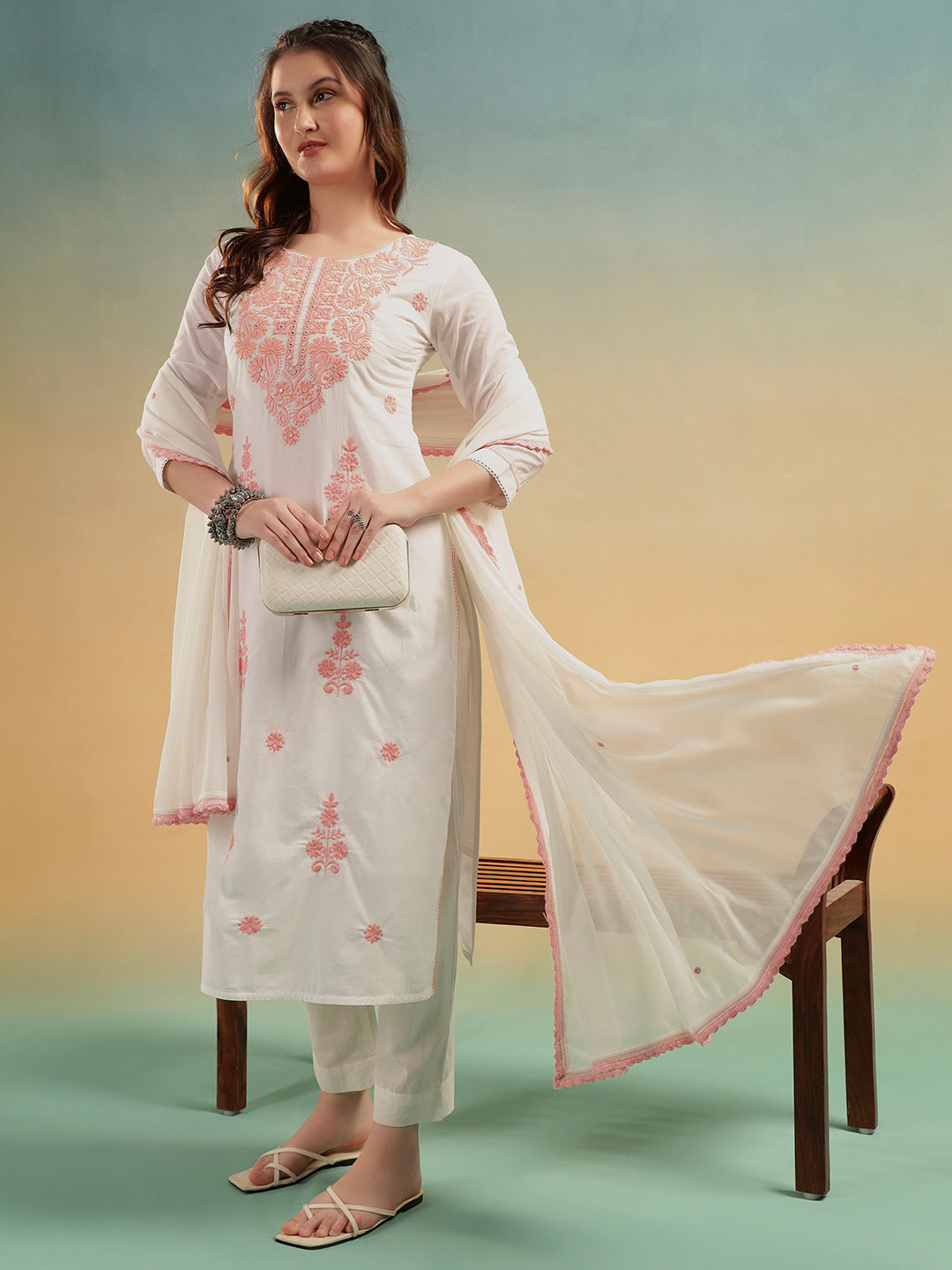 Ivory Lucknowi Embroidered Mulmul Cotton Kurta Pant Dupatta Set