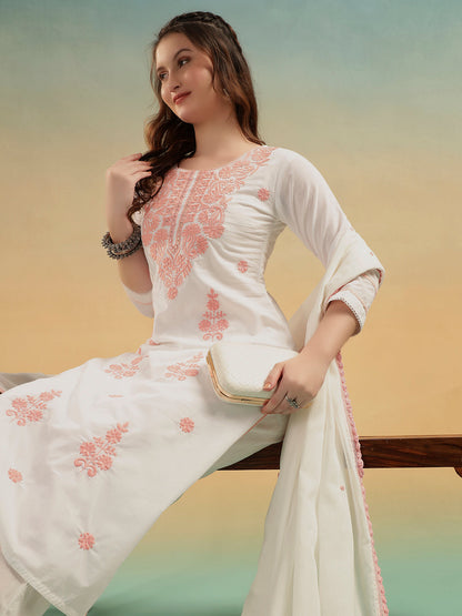Ivory Lucknowi Embroidered Mulmul Cotton Kurta Pant Dupatta Set