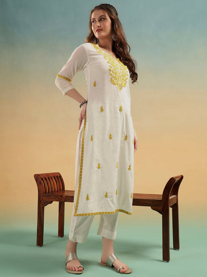 Ivory Lucknowi Embroidered Mulmul Cotton Kurta Pant Dupatta Set