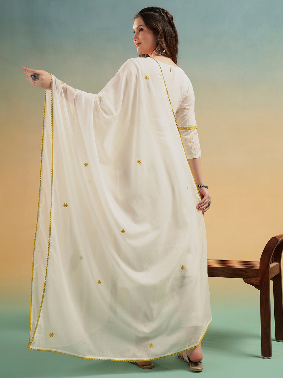 Ivory Lucknowi Embroidered Mulmul Cotton Kurta Pant Dupatta Set