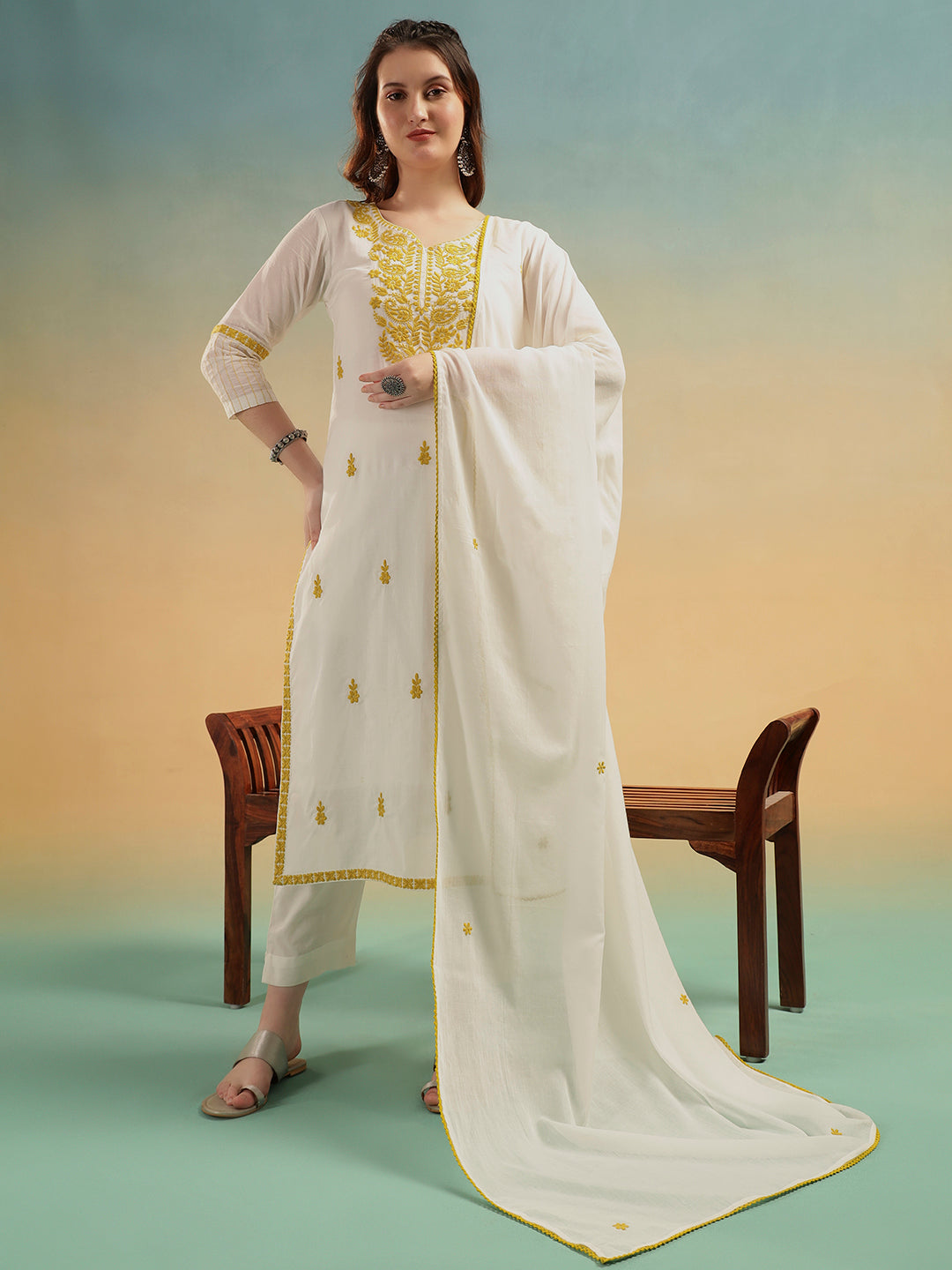 Ivory Lucknowi Embroidered Mulmul Cotton Kurta Pant Dupatta Set