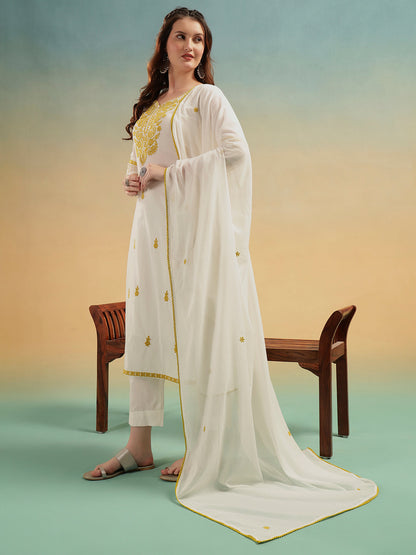 Ivory Lucknowi Embroidered Mulmul Cotton Kurta Pant Dupatta Set