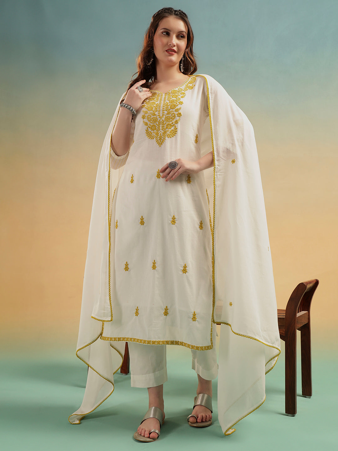 Ivory Lucknowi Embroidered Mulmul Cotton Kurta Pant Dupatta Set