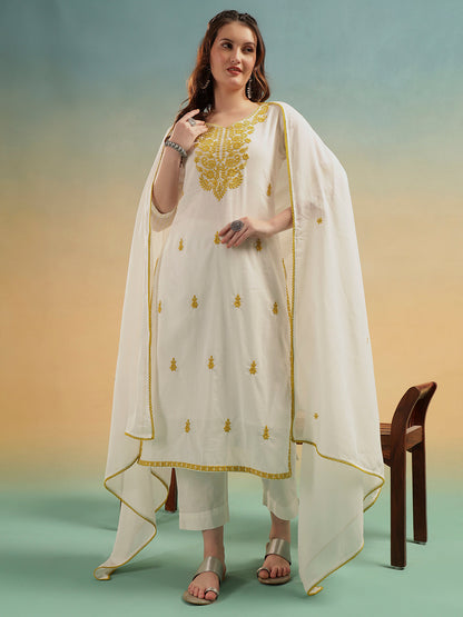 Ivory Lucknowi Embroidered Mulmul Cotton Kurta Pant Dupatta Set