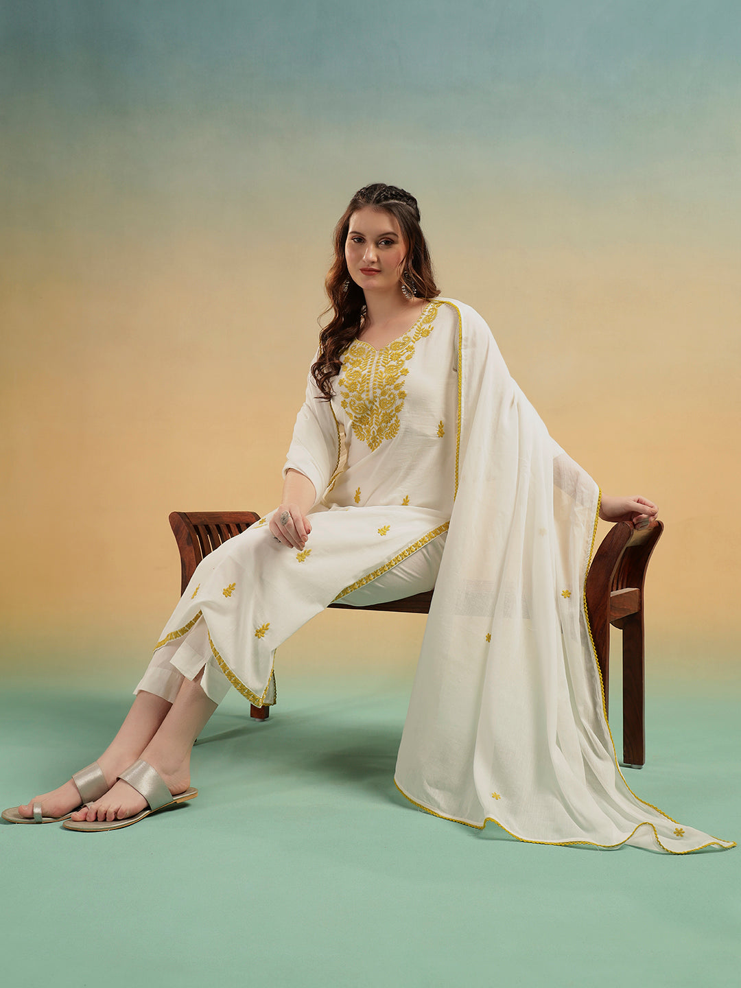 Ivory Lucknowi Embroidered Mulmul Cotton Kurta Pant Dupatta Set
