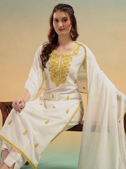 Ivory Lucknowi Embroidered Mulmul Cotton Kurta Pant Dupatta Set