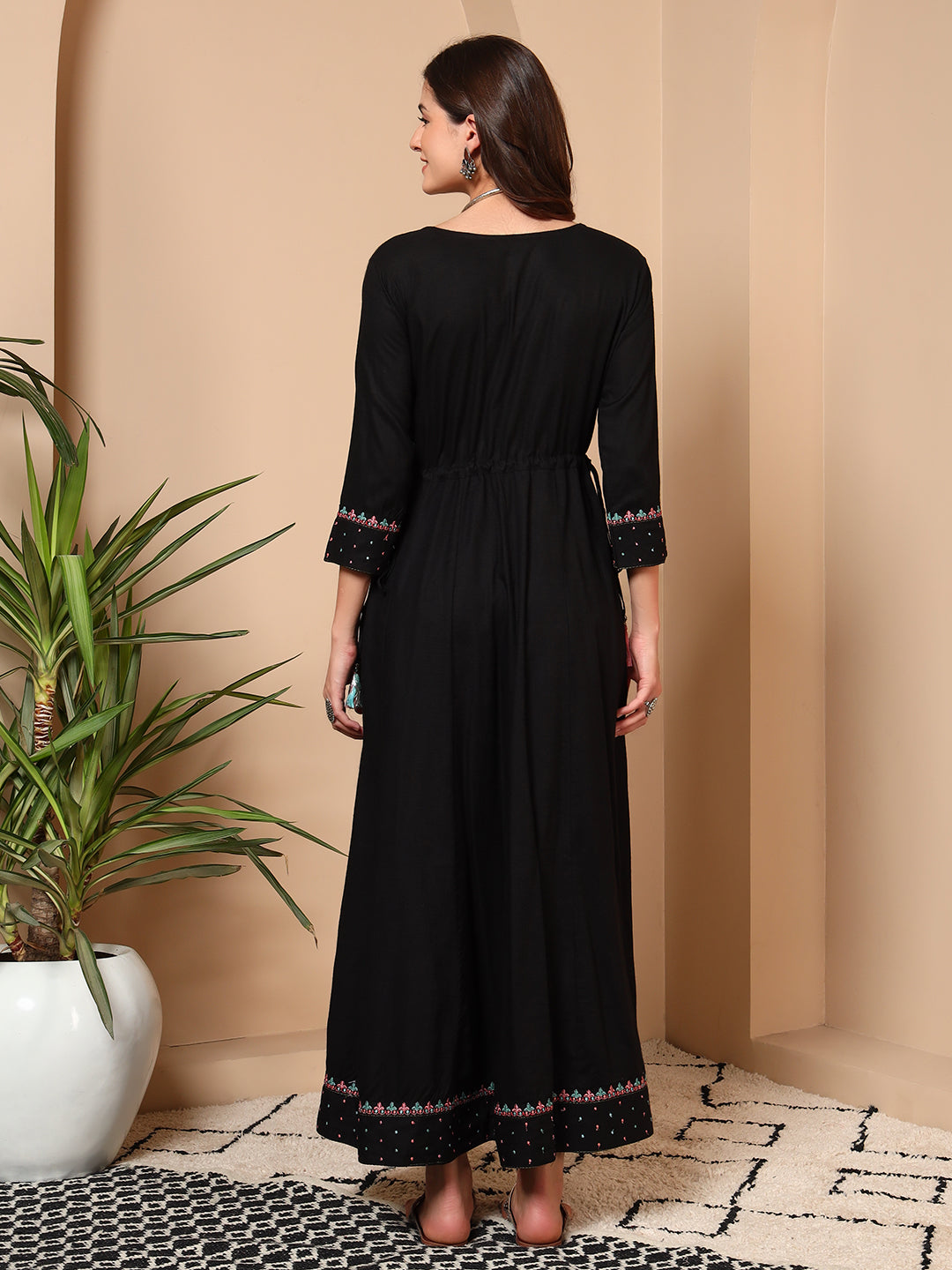 Elegant Black Cotton Embroidered Maxi Dress