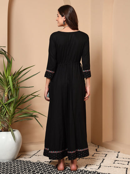 Elegant Black Cotton Embroidered Maxi Dress