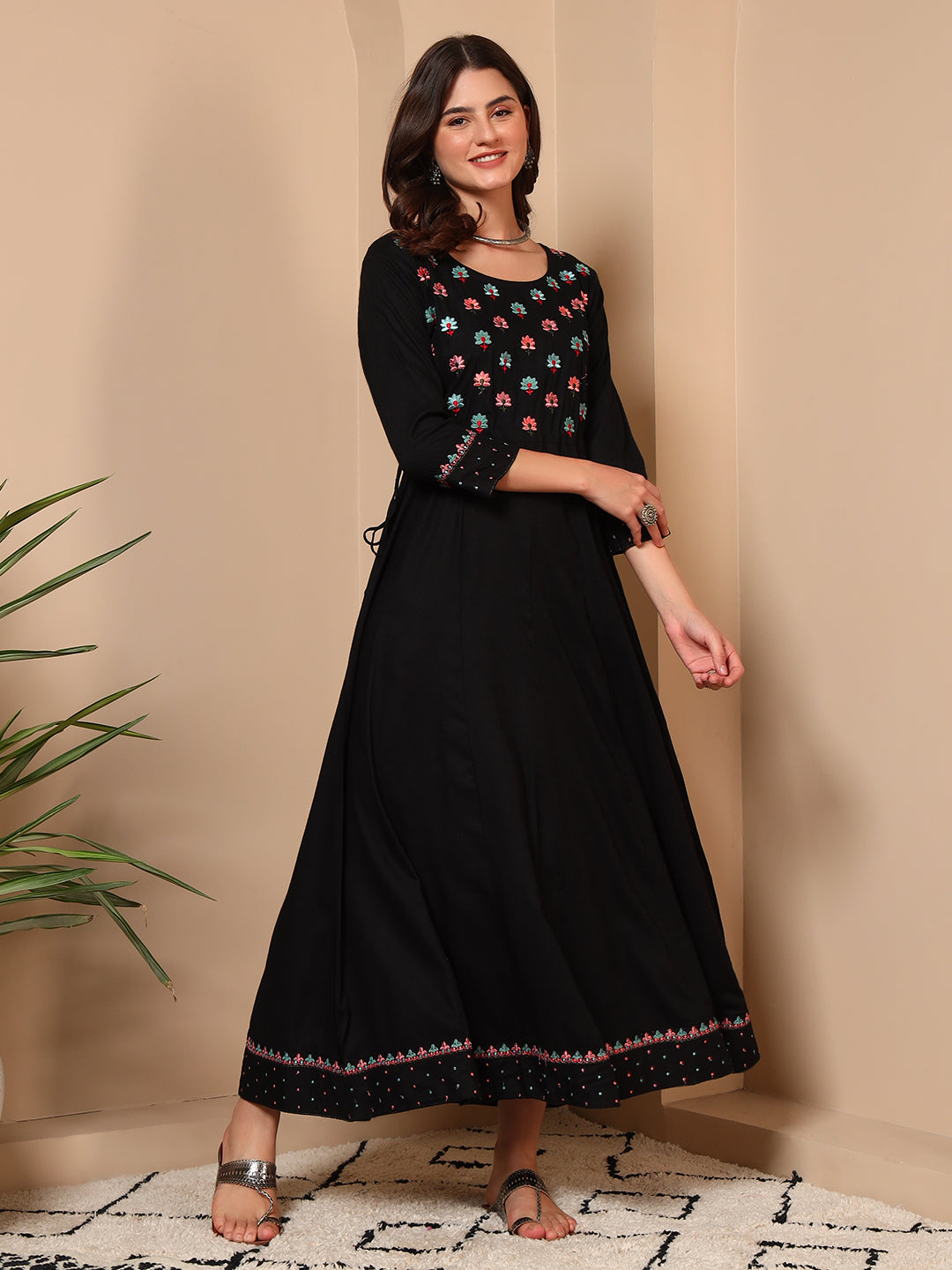 Elegant Black Cotton Embroidered Maxi Dress