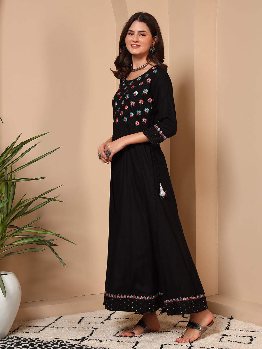Elegant Black Cotton Embroidered Maxi Dress