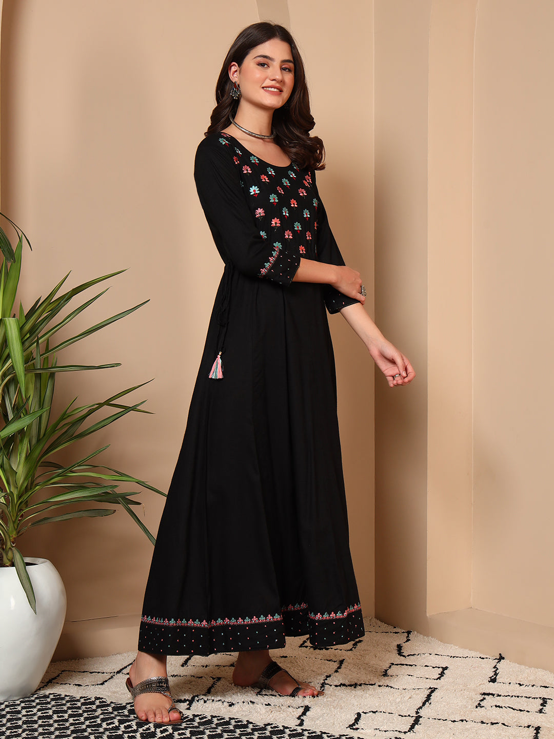 Elegant Black Cotton Embroidered Maxi Dress