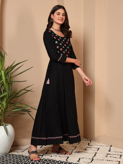 Elegant Black Cotton Embroidered Maxi Dress
