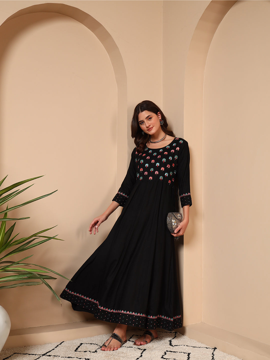 Elegant Black Cotton Embroidered Maxi Dress