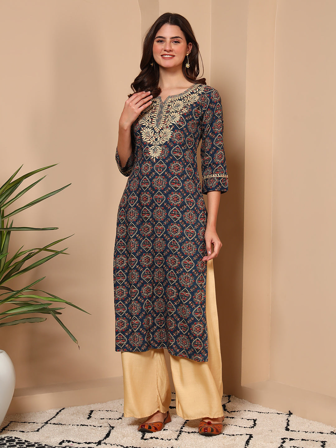 Blue Embroidered Geometric Print Cotton Kurta