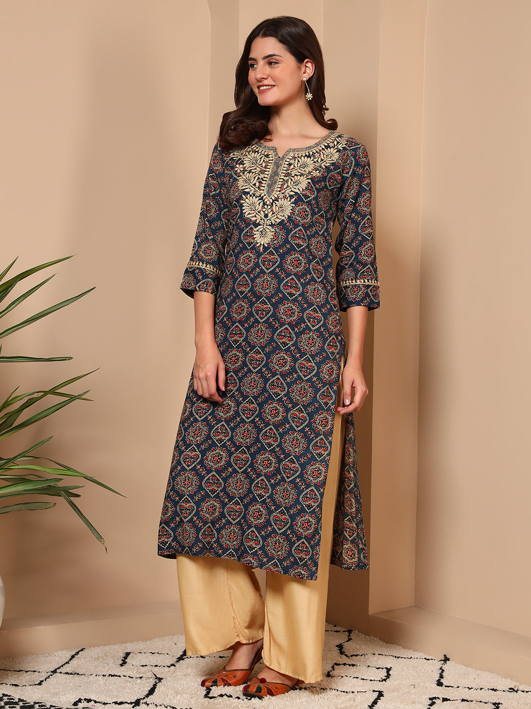 Blue Embroidered Geometric Print Cotton Kurta