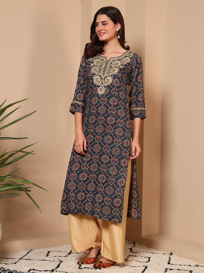 Blue Embroidered Geometric Print Cotton Kurta