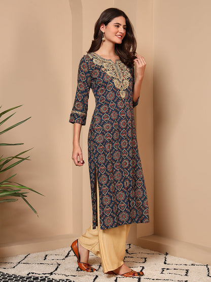 Blue Embroidered Geometric Print Cotton Kurta