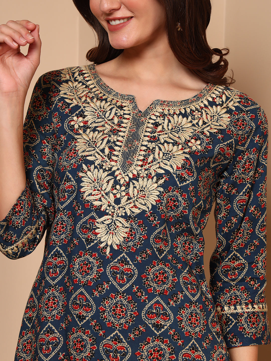 Blue Embroidered Geometric Print Cotton Kurta