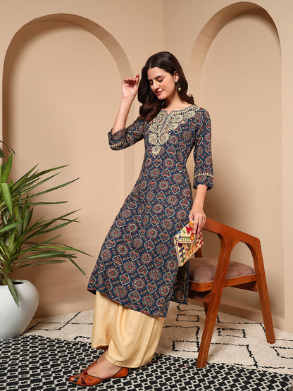 Blue Embroidered Geometric Print Cotton Kurta