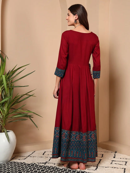 Riwaayat Red Cotton Handwork Maxi Dress