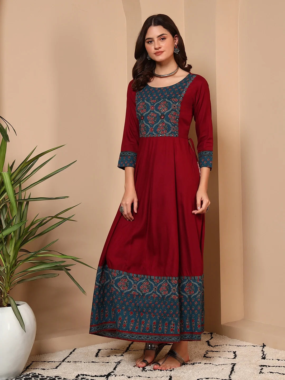 Riwaayat Red Cotton Handwork Maxi Dress